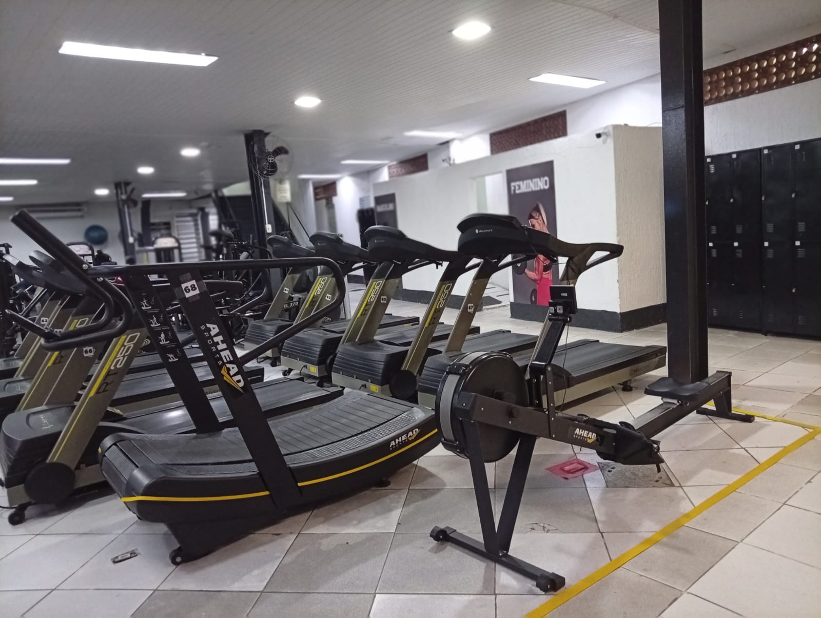Esteiras e remo na área de cardio